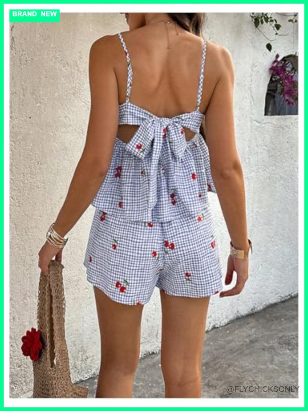 2 Piece Gingham Cherry Print Babydoll Camisole Shorts Set Summer Outfit - Picture 2 of 5